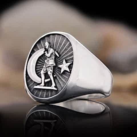 925 Ayar Gümüş Ay Yıldızlı Atatürk Oval Yüzük