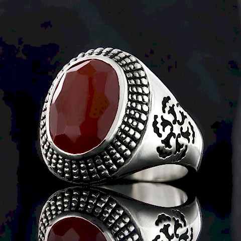 925 Ayar Gümüş Kenar Motifli Kırmızı Akik Erkek Yüzük