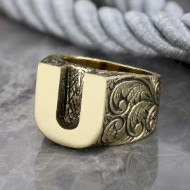 925 Ayar Gümüş Monogram U Harfi Erkek Yüzüğü