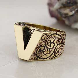 925 Ayar Gümüş Monogram V Harfi Erkek Yüzüğü