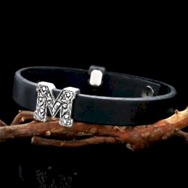 925 Ayar Gümüş Motif M Harfi Deri Bileklik