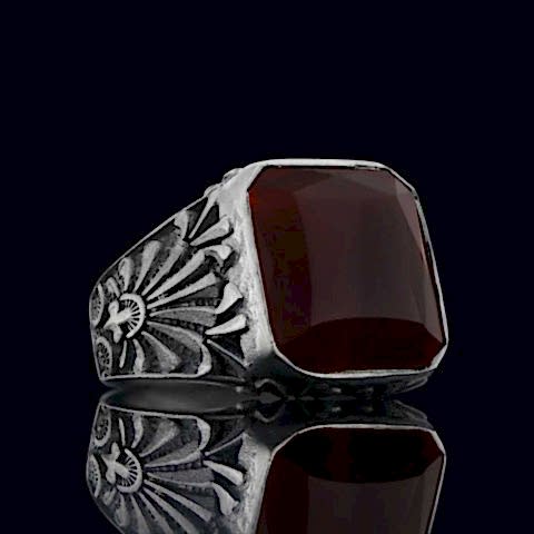 925 Ayar Gümüş Motifli Kırmızı Akik Taşlı Yüzük, Kırmızı Akik Erkek Yüzük