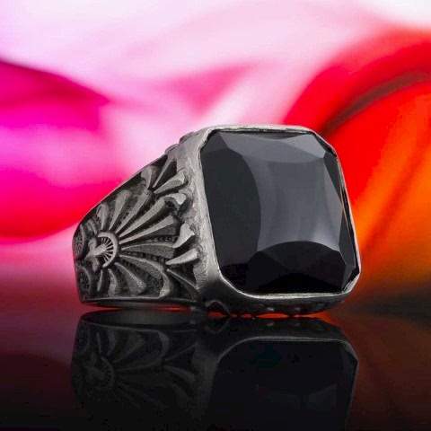 925 Ayar Gümüş Motifli Oniks Yüzük, Oniks Erkek Yüzük, Siyah Akik Yüzük