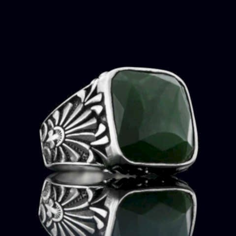 925 Ayar Gümüş Motifli Yeşim Taşlı Yüzük, Yeşim Taşlı Erkek Yüzük