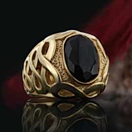 Sonsuzluk Motifli 925 Ayar Gümüş Oniks Taşlı Erkek Yüzük, Siyah Akik Yüzük