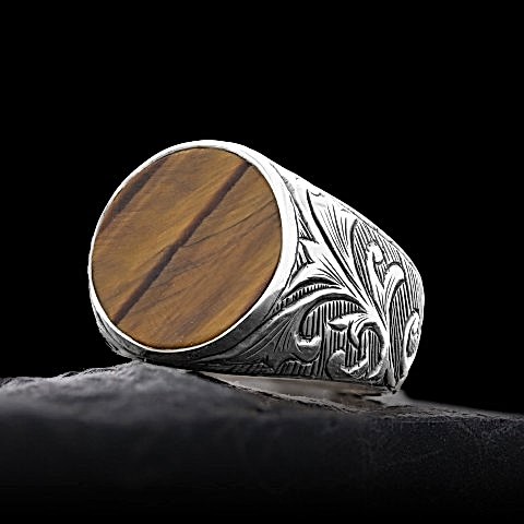 925 Ayar Gümüş Özel Tasarım Kaplan Gözü Taşlı Yüzük, Kaplan Gözü Yüzük, Gümüş Erkek Kaplan Gözü Yüzük