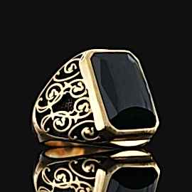 Floral Desenli Oniks Taşlı 925 Ayar Gümüş Erkek Yüzük