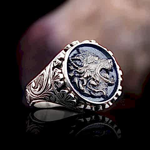 925 Ayar Gümüş&nbsp;Motifli Kurt Yüzük, Kurt Erkek Yüzük, Kurt Erkek Yüzük