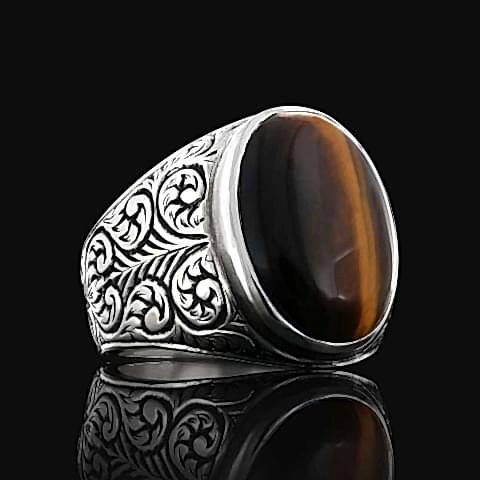 925 Ayar Kaplan Gözü Taşlı Erkek Gümüş Yüzük, Kaplan Gözü Taşlı Yüzük