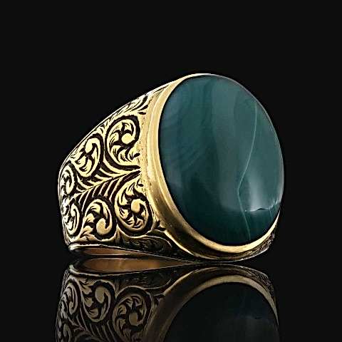 925 Ayar Motifli Yeşil Akik Taşlı Erkek Gümüş Yüzük, Yeşil Akik Yüzük