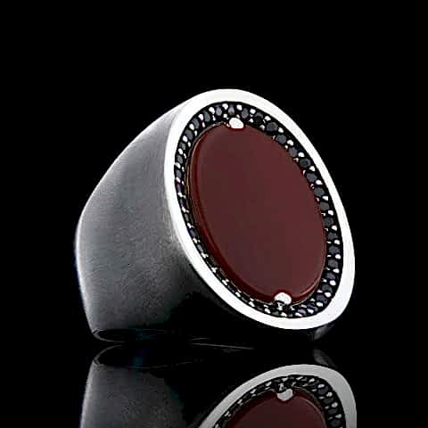 925 Ayar Özel Tasarım Kırmızı Akik Yüzük, Kırmızı Akik Taşlı Gümüş Yüzük, Kırmızı Akik Yüzük