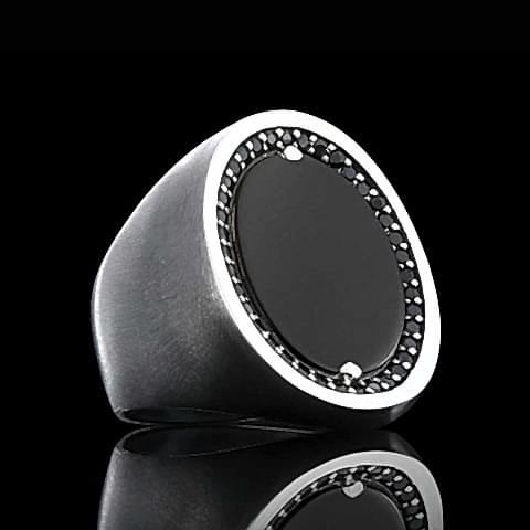 925 Ayar Özel Tasarım Siyah Akik Yüzük, Siyah Akik Taşlı Gümüş Yüzük, Siyah Akik Yüzük