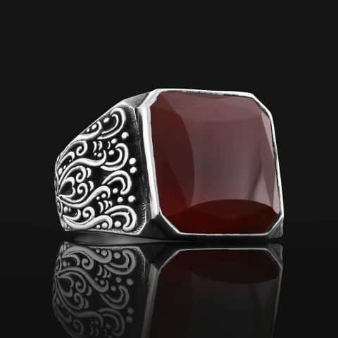 Akik Taşlı İşlemeli Özel Tasarım Gümüş Erkek Yüzük, Kırmızı Akik TaşlıYüzük