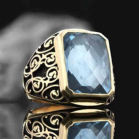 Akuamarin Taşlı Floral Desenli 925 Ayar Gümüş Erkek Yüzük, Akuamarin Taşlı Yüzük