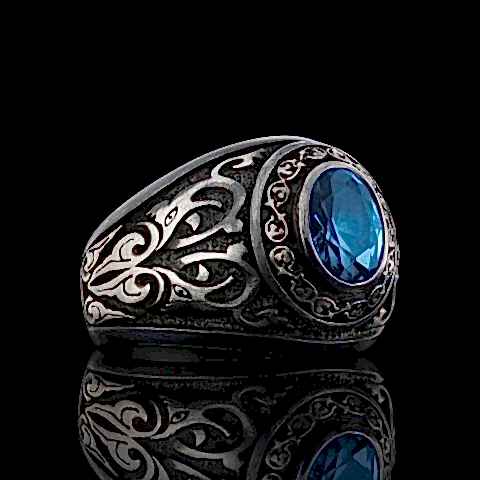 Akuamarin Taşlı Gümüş Motifli Erkek Yüzük, Akuamarin Taşlı Erkek Yüzük