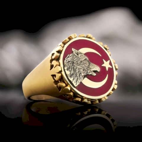 Alfa Kurt Ay Yıldız Yüzük, Kişiye Özel Üretim Bozkurt  Ay Yıldız Yüzük, 925 Ayar Gümüş  Ay Yıldız Ulu Kurt Erkek Yüzük