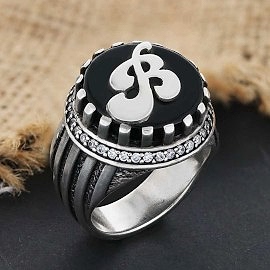 Harfli Oniks Taşlı Erkek Gümüş Yüzük