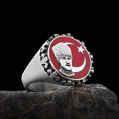 Atatürk Ay Yıldız Yüzük, Kişiye Özel Üretim Atatürk Ay Yıldız Yüzük, 925 Ayar Gümüş Ay Yıldız Atatürk Erkek Yüzük