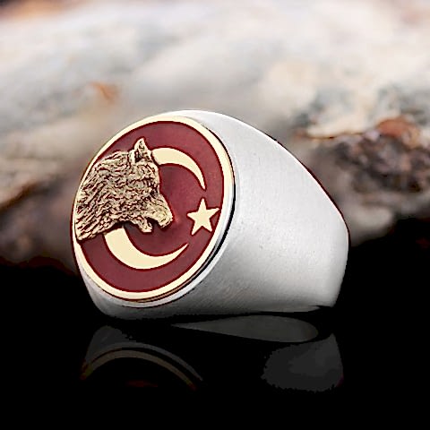 Ay Yıldız Alfa Kurt Figürlü Yuvarlak Yüzük, Özel Tasarım Gümüş Ay Yıldız Bozkurt Yüzük, Gümüş Ay Yıldız Bozkurt Yüzük