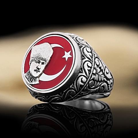 Ay Yıldız Atatürk Yüzük, Özel Tasarım Yanları Motifli Ay Yıldız Atatürk Yüzük, Gümüş Ay Yıldız Atatürk Yüzük