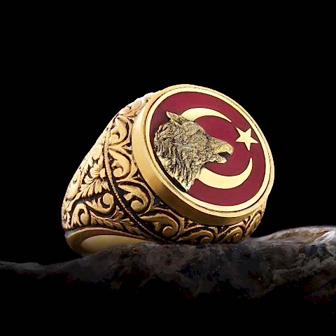 Ay Yıldız Bozkurt Yüzük, Özel Tasarım Yanları Motifli Ay Yıldız Ulu Bozkurt Yüzük, Gümüş Ay Yıldız Yalnız Kurt Yüzük