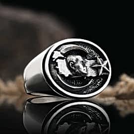 Ay Yıldız İçinde Atatürk Siluet Türkiye Haritalı Yüzük