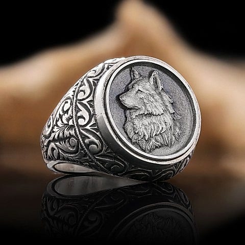 Bozkurt Yüzük, Özel Tasarım Yanları Motifli Ulu Bozkurt Yüzük, Gümüş Yalnız Kurt Yüzük