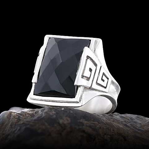 Dikdörtgen Kesim Oniks Taşlı Gümüş Yüzük, Siyah Akik Yüzük