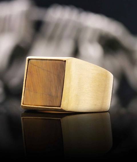 Doğal Kaplan Gözü Taşlı Gümüş Yüzük, Özel Tasarım Kare Kaplan Gözü Taşlı Yüzük, Sade Kaplan Gözü Taşlı Yüzük