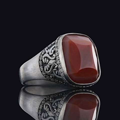 Doğal Kırmızı Akik Taşıyla Gümüş Yüzük, El Yapımı Kırmızı Akik Yüzük