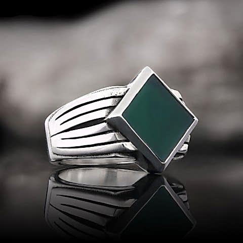 Doğal Yeşil Akik Taşlı Yüzük, 925 Ayar Gümüş Yeşil Akik Yüzük, Gümüş Erkek Yeşil Akik Yüzük