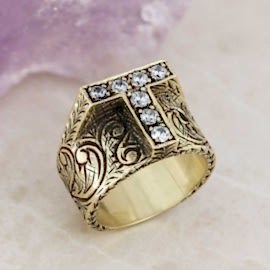 Taşlı El Yapımı Motifli Monogram T Harfli Yüzük