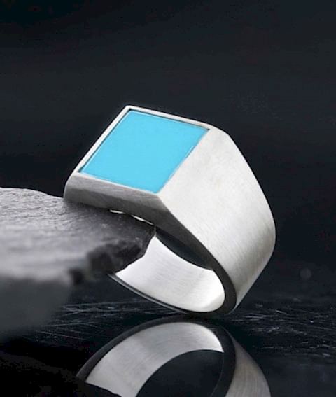 Erkek Gümüş Firuze Taşlı Yüzük, Doğal Firuze Taşlı Gümüş Yüzük, Özel Tasarım Kare Firuze Taşlı Yüzük