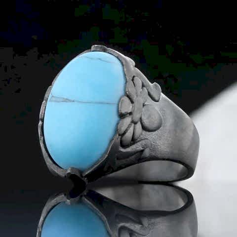 Firuze Taşlı Gümüş Erkek Yüzük, Oval Firuze Taşlı Yüzük