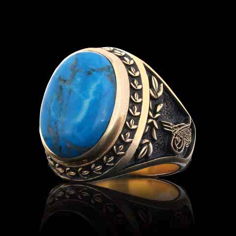 Firuze Taşlı Gümüş Osmanlı Yüzük, Osmanlı Tuğralı Devlet Armalı Gümüş Erkek Yüzük