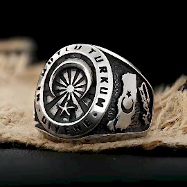 Oval Taşsız Göktürkçe Türk ve Türkiye Haritalı Logolu Gümüş Yüzük