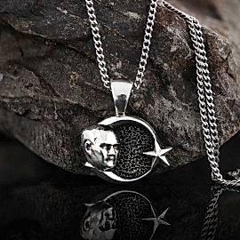 Gümüş Ay Yıldız Atatürk Siluetli Kolye