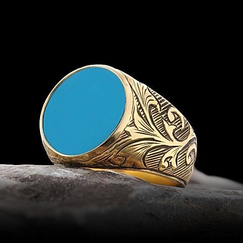 Gümüş Erkek Firuze Yüzük, Firuze Taşlı 925 Ayar Gümüş Yüzük, Firuze Yüzük