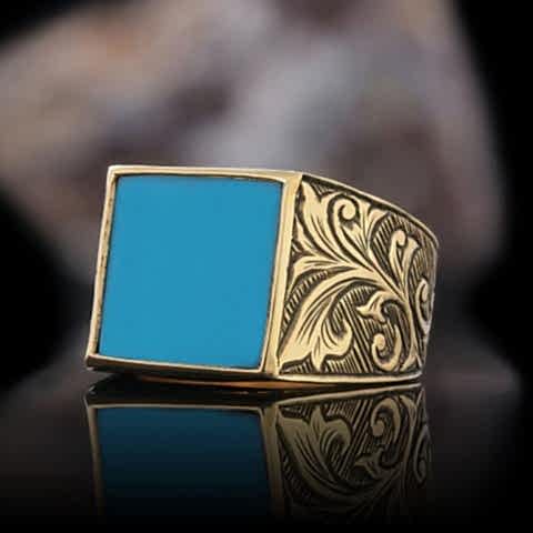Gümüş Erkek Firuze Yüzük, Firuze Taşlı 925 Ayar Gümüş Yüzük, Firuze Yüzük