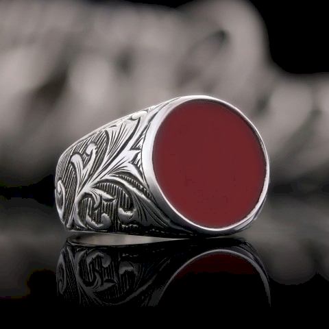 Gümüş Erkek Kırmızı Akik Yüzük, Kırmızı Akik Taşlı 925 Ayar Gümüş Yüzük, Kırmızı Akik Yüzük
