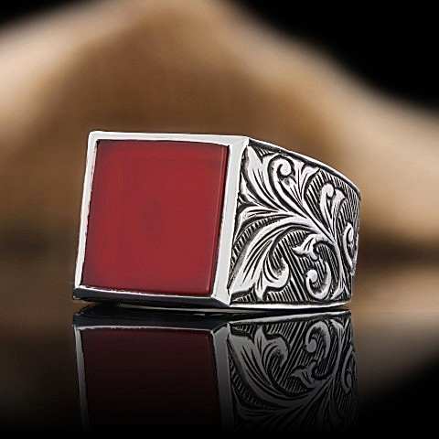 Gümüş Erkek Kırmızı Akik Yüzük, Kırmızı Akik Taşlı 925 Ayar Gümüş Yüzük, Kırmızı Akik Yüzük