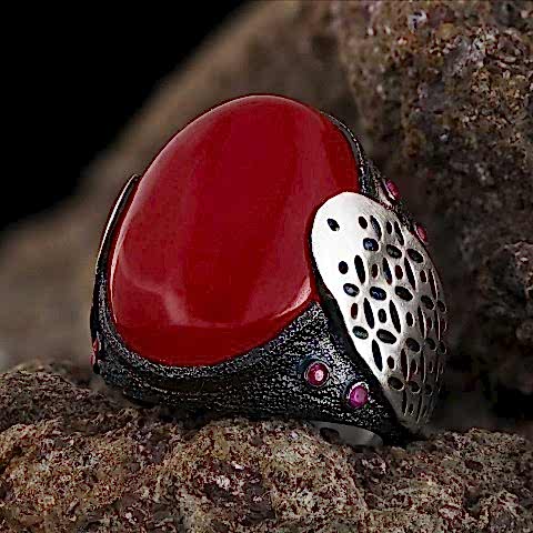 Gümüş Özel Üretim Kırmızı Akik Gümüş Yüzük, Akik Yüzük