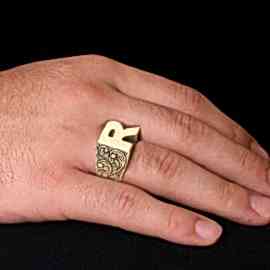 Motifli 925 Ayar Gümüş R Harfi Yüzük