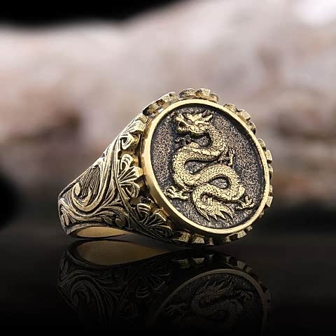 Gümüş&nbsp;Motifli Ejderha Yüzük, Ejderha Erkek Yüzük, 925 Ayar  Gümüş Ejderha Erkek Yüzük