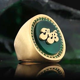 Harfli Yeşil Akik Taşlı 925 Ayar Gümüş Yüzük