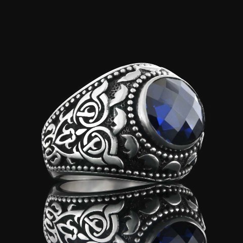 Her Tarza Uyan Safir Taşlı Yüzük Modelleri, Safir Taşlı Özel Tasarım Motifli Erkek Yüzük, Erkek Motifli Gümüş Yüzük
