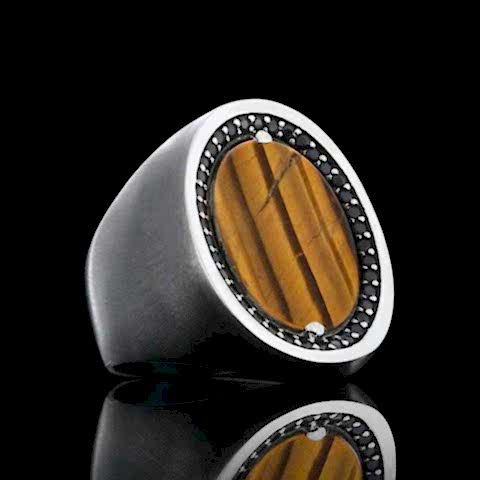 Kaplan Gözü Taşlı 925 Ayar Özel Tasarım Gümüş Yüzük, Kaplan Gözü  Yüzük