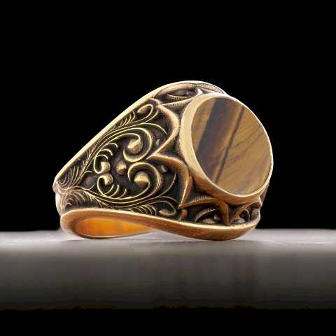 Kaplan Gözü Taşlı Doğal Yüzük, Gümüş Erkek Kaplan Gözü Taşlı Yüzük, Kaplan Gözü Taşlı 925 Ayar Gümüş Yüzük