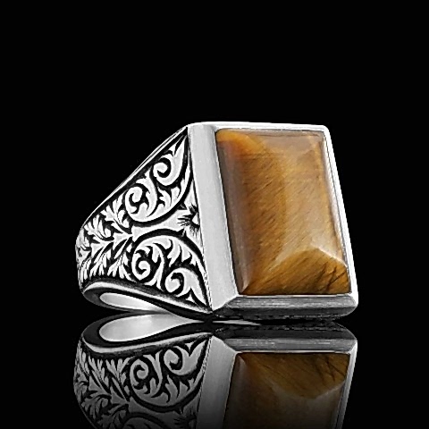 Kaplan Gözü Yüzükle Kendinizi Fark Ettirin, Motifli Taşlı 925 Ayar Gümüş Erkek Yüzük