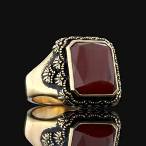 Kare Doğal Kırmızı Akik Taşlı Desenli Gümüş Yüzük, Gümüş Erkek Akik Yüzük